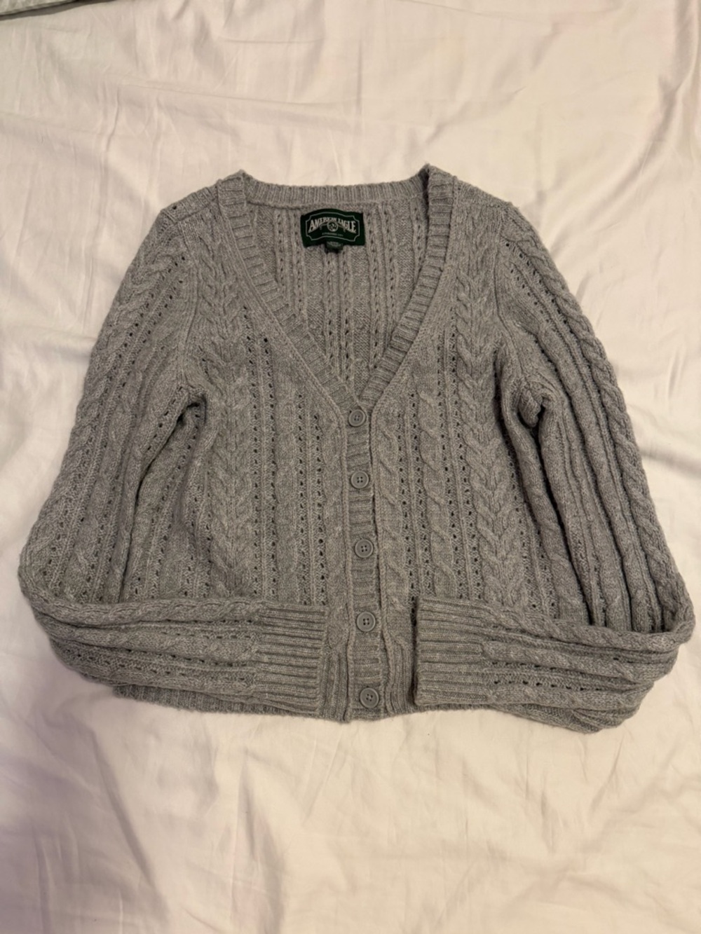 American Eagle Gray Cable-Knit Button Cardigan Sweater